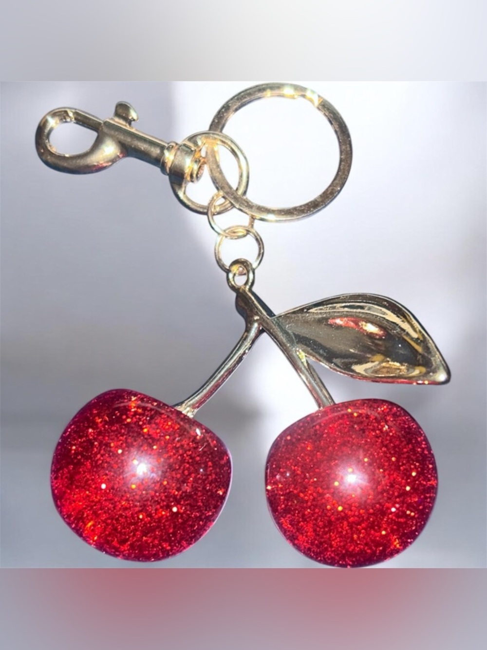 Gold Cherry Keychain - Red Glitter Cherry Charm